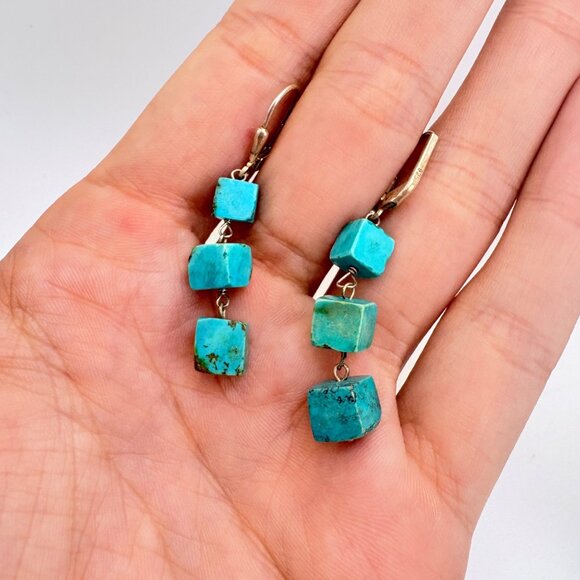 VTG Sterling Silver 925 Cube Turquoise Dangle Earrings Size 1.75" Length - Picture 4 of 8